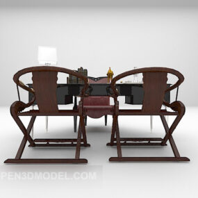 Meja Kerja Hitam Dengan Kerusi Kayu model 3d