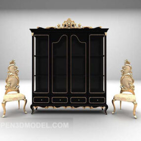 Black Display Cabinet With Classic Carving Chair 3d model