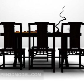 Black Wood Long-shaped Table And Chair 3d model