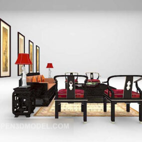 Combinación de sofá asiático de madera negra modelo 3d