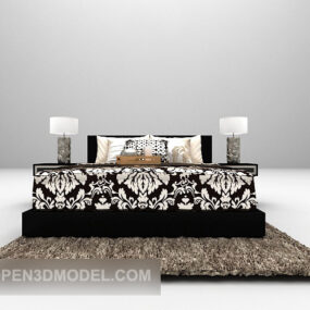 Black Wooden Bed Vintage Pattern Furniture 3d model