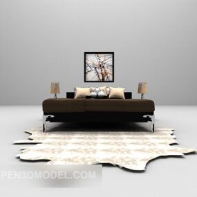 Černá dřevěná postel s kožešinovým kobercovým nábytkem 3D model