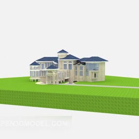 Edificio de villa con techo azul modelo 3d