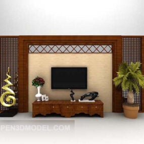 دکور دیوار تلویزیون چوب قهوه ای با گلدان مدل سه بعدی