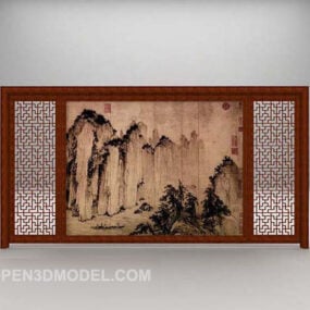 Brown Wood Background With Chinese Painting 3d model