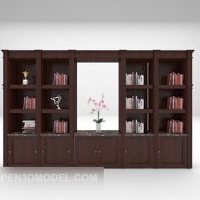 Hnědá dřevěná knihovna s knihami dekorativní 3d model