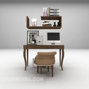 Brown Work Desk Furniture With Shelves 3d model