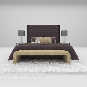 Коричневе двоспальне ліжко з хутряним килимом 3d модель