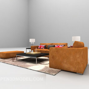 Bộ sofa thấp màu nâu trải thảm mẫu 3d