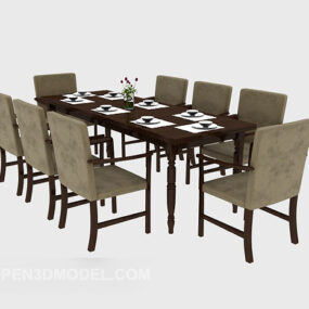 Familien-Esstisch aus braunem Massivholz, 3D-Modell