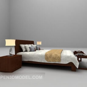 Brown Wood Bed With Nightstand 3d model