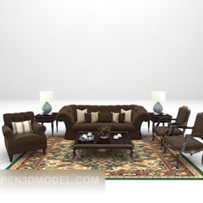 Canapé en bois marron avec tapis vintage modèle 3D