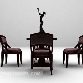 Brown Wood Table And Chair With Sculpture 3d model