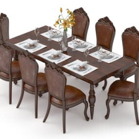Brown Wooden Dining Table Set 3d model