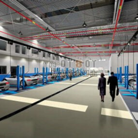 Modelo 3D do interior moderno do showroom de carros
