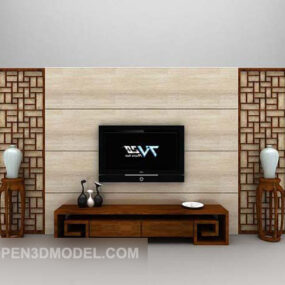 Mur de télévision chinois sculpté en brun modèle 3D