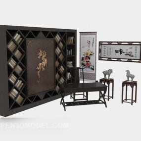 Kinesiskt skrivbord, bokhylla Övergripande 3d-modell