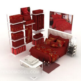 Chinese Red Festive Double Bed 3d model
