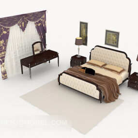 Ensembles de lit double en bois rétro chinois modèle 3D