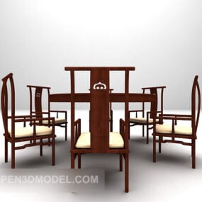 中国の円卓と木の椅子の家具3Dモデル