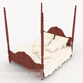 Chinese Simple Wooden Double Bed 3d model