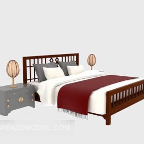 Chinese Wood Bed With Nightstand Table Lamp 3d model