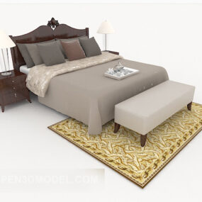 चीनी लकड़ी ग्रे-भूरा डबल बेड 3डी मॉडल