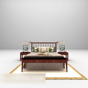 سرير خشبي صيني مع سجادة موديل 3D