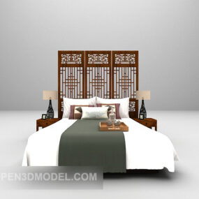 조각 뒷벽 3d 모델과 중국 나무 침대