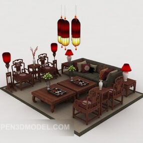 Canapé en bois de style chinois modèle 3D