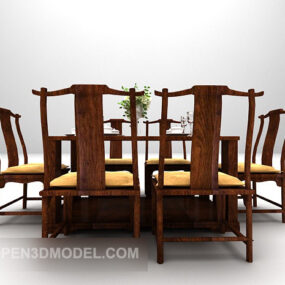 Mesa e cadeiras de madeira para jantar chinesas modelo 3D