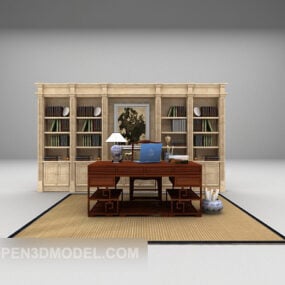 مكتب حجم كبير مع خزانة كتب موديل 3D
