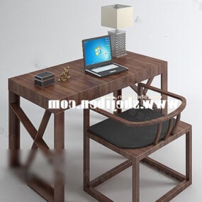 Work Desk Table And Chairs With Laptop 3d model