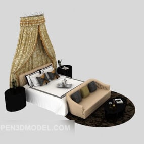 Doppelbett, Sofa, Vorhang, Rückwand, 3D-Modell