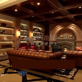 European Living Room Dark Wooden Interior 3d model