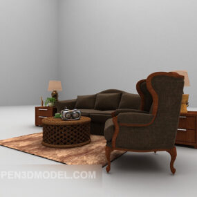 Europeisk brun soffa stora hela set 3d-modell