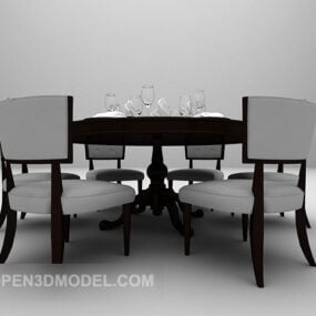 European Dark Wooden Dining Table With Chairs 3d model