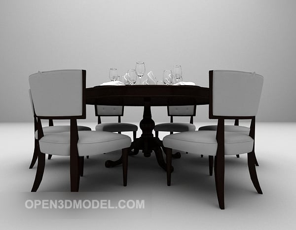 Tavolo da pranzo in legno scuro europeo con sedie
