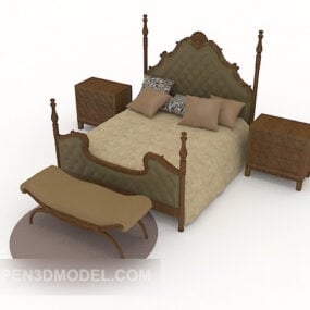 European Antique Dark Wooden Bed 3d model