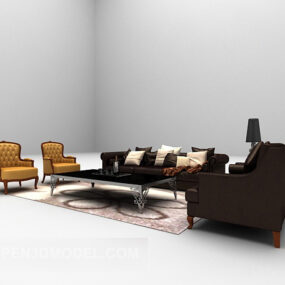 Europejska ciemna sofa, duże pełne zestawy Model 3D