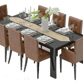 Conjunto europeu de cadeiras de mesa de jantar em formato longo modelo 3d