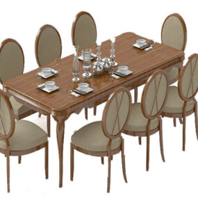 European Long Square Table Chairs 3d model