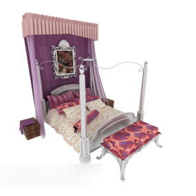 European Princess Room Purple Double Bed 3d model