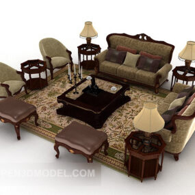 Conjuntos de sofás de madera marrón retro europeo modelo 3d