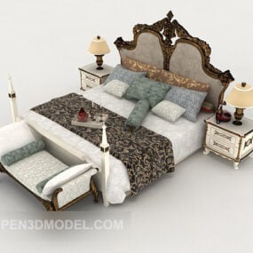 Modelo 3D de cama de casal retrô europeu lindo