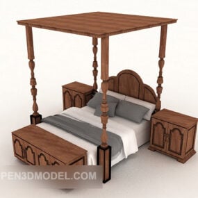 European Simple Solid Wood Double Bed 3d model