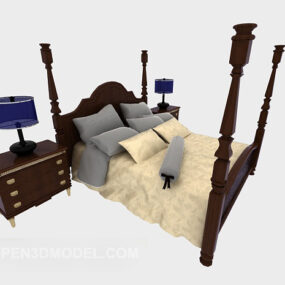 European-style Home Wood Double Bed 3d model