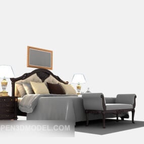 European Style Solid Wood Bed 3d model