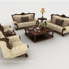 European-style Wooden Brown Combination Sofa 3d model