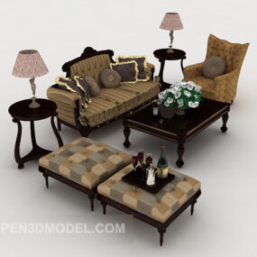 European-style Wooden Retro Combination Sofa 3d model